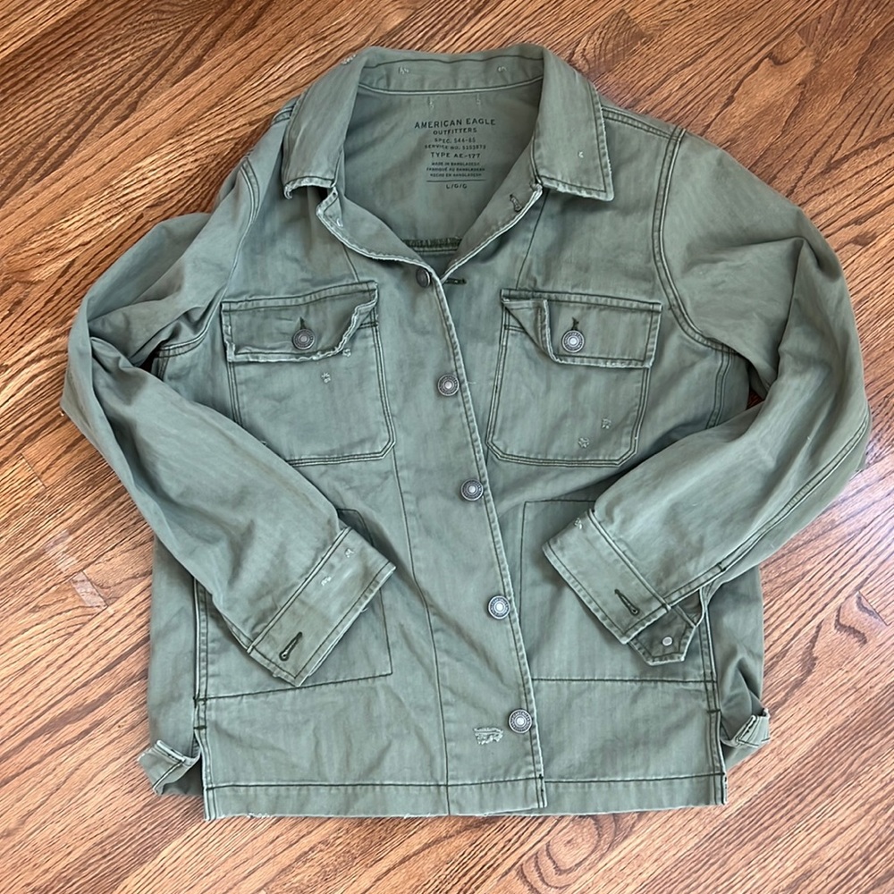 American Eagle Army Green Distressed Shacket